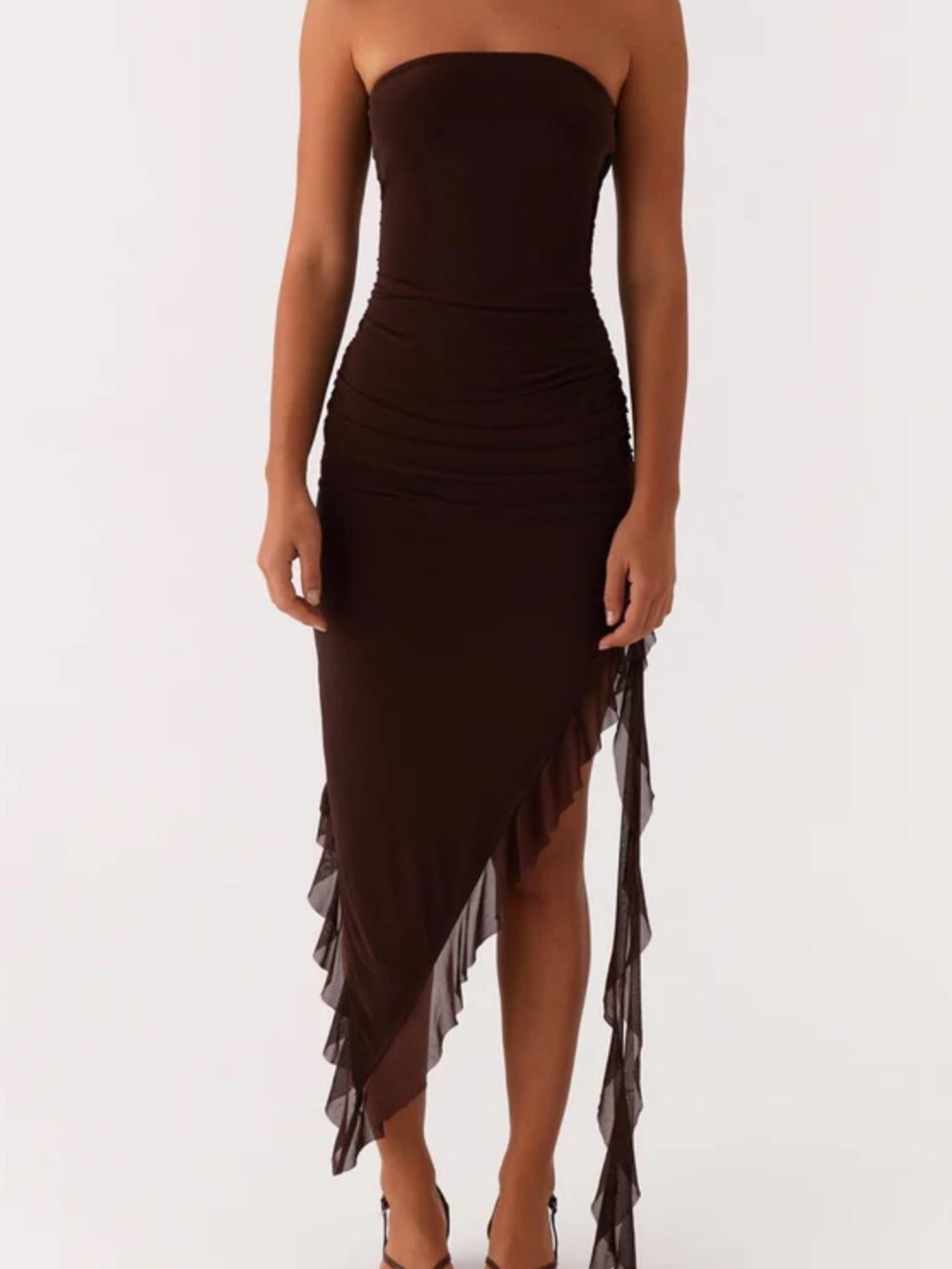 Strapless Asymmetric Ruffle Midi Dress in Chocolate Brown